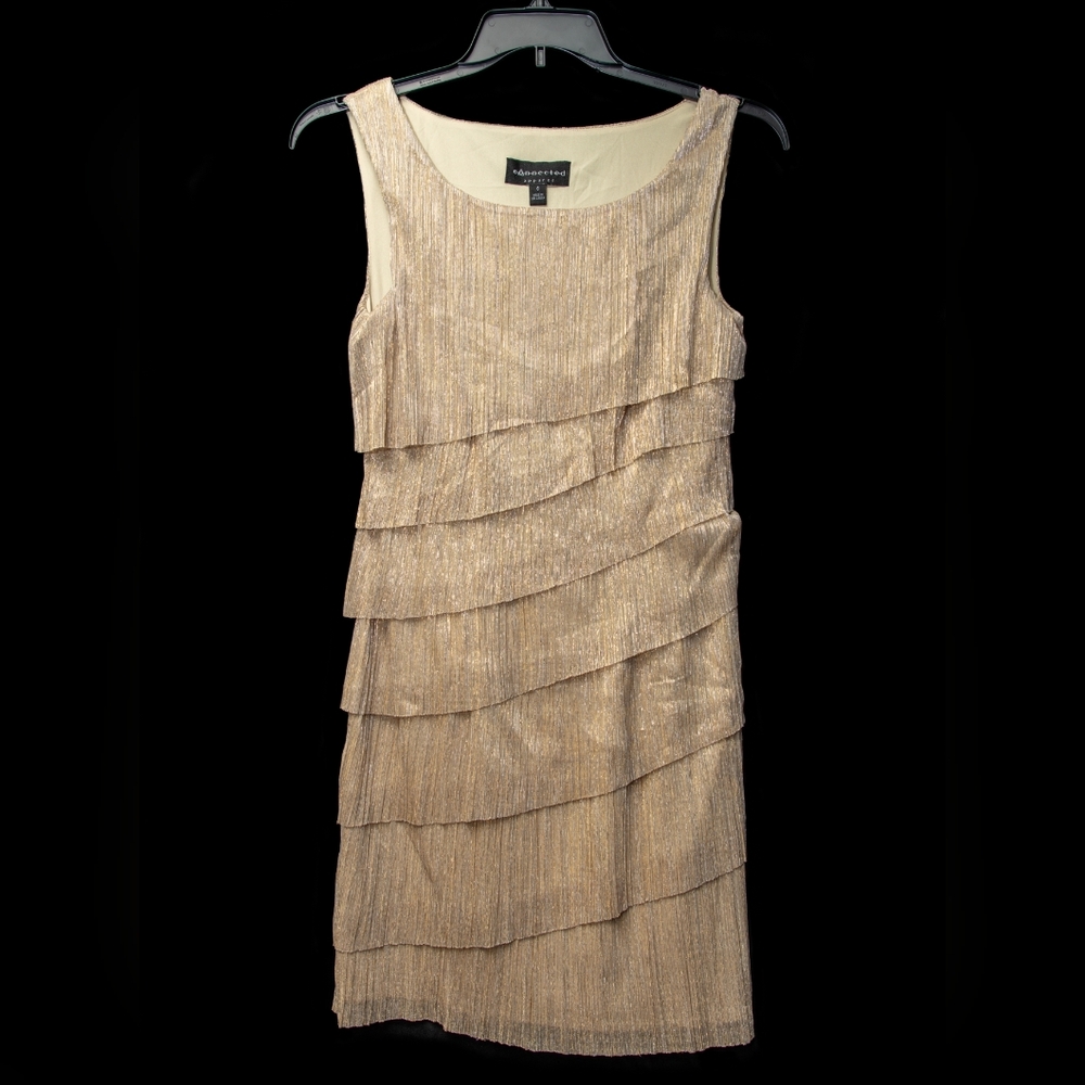 Connected Apparel gold metallic tiered ruffle dress 6